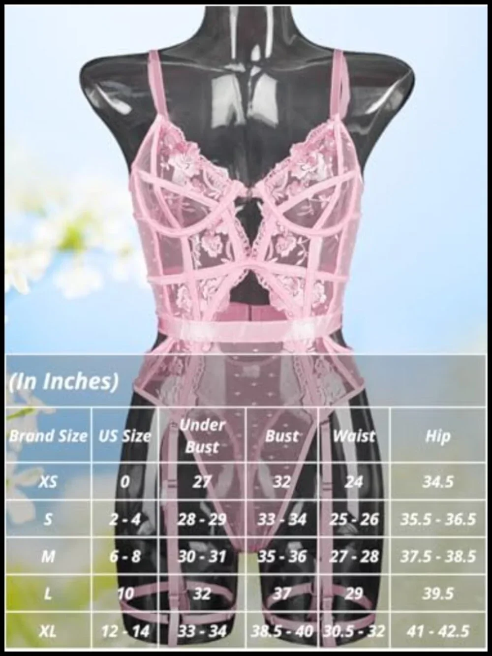 Floral Embroidered Underwire Backless Bodysuit with Removable Garters